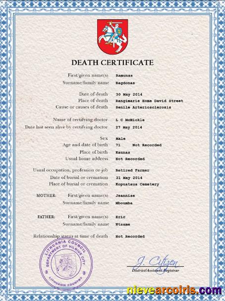 Lithuania death certificate